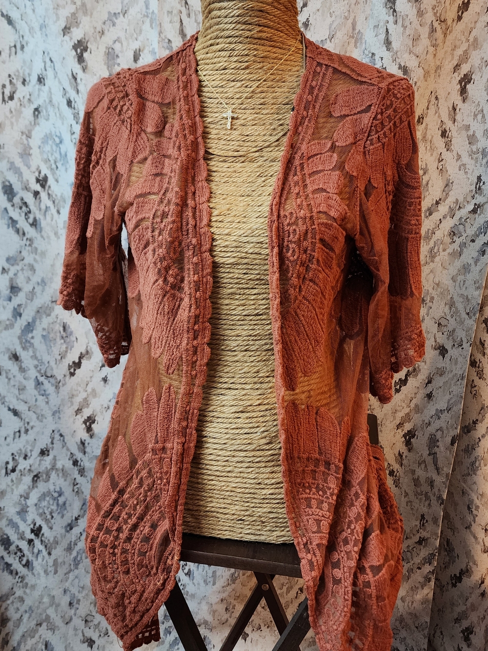 Rebellion Lace Cardigan Sheer Kimono Duster Womens Large Brown Whimsy Fairycore